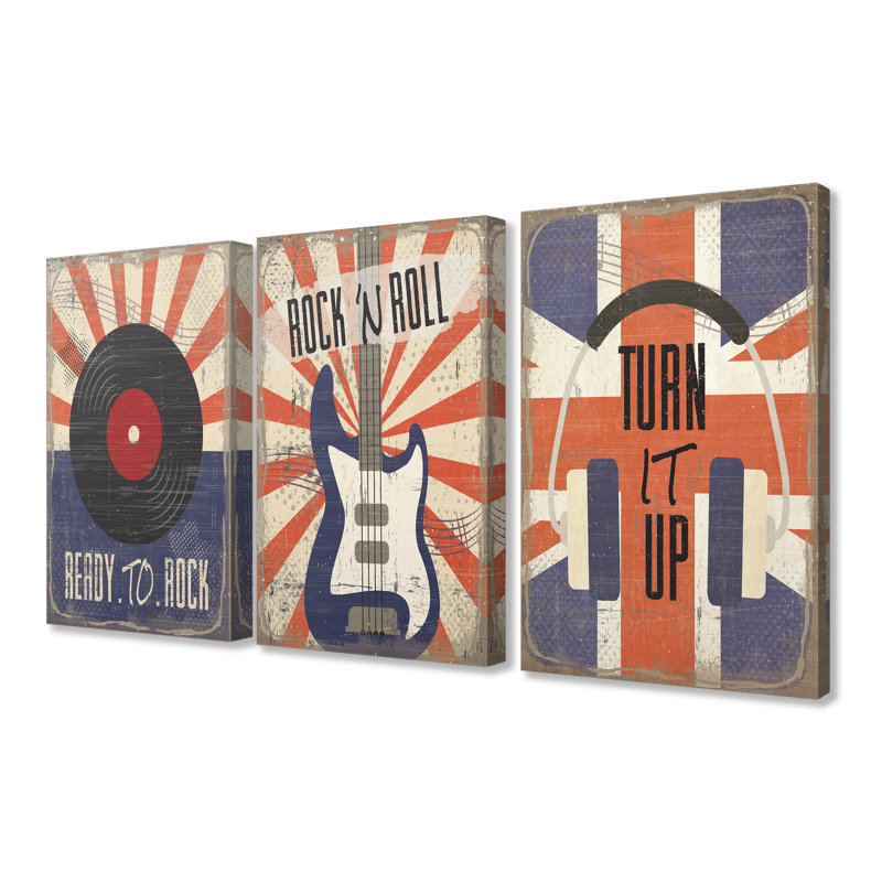 «Rock and Roll Music» par Amelie, ensemble de 3 impressions, H 20 po x l 16 po x P 1,5 po, Toile tendue