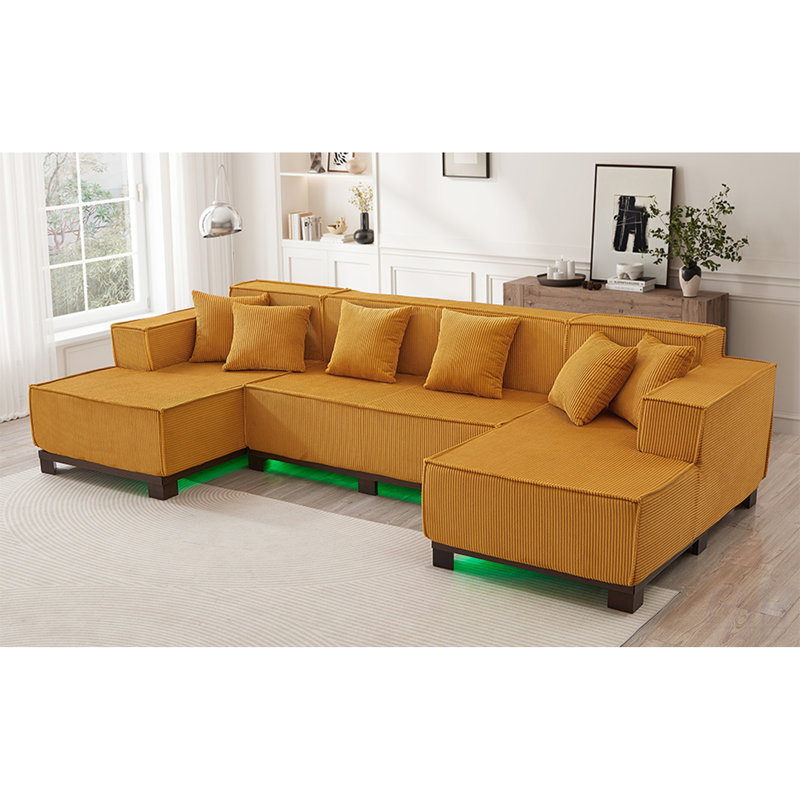 Modern U-Shaped Sectional Sofa With RGB LED Light Strip And Six Pillows For Spacious Living Room Comfort, Sectional, Orange