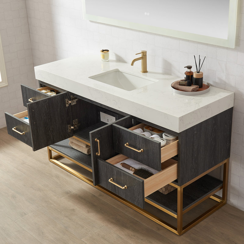 Ensemble de meuble-lavabo simple 60 po Alistair, Or, Chêne naturel, Blanc