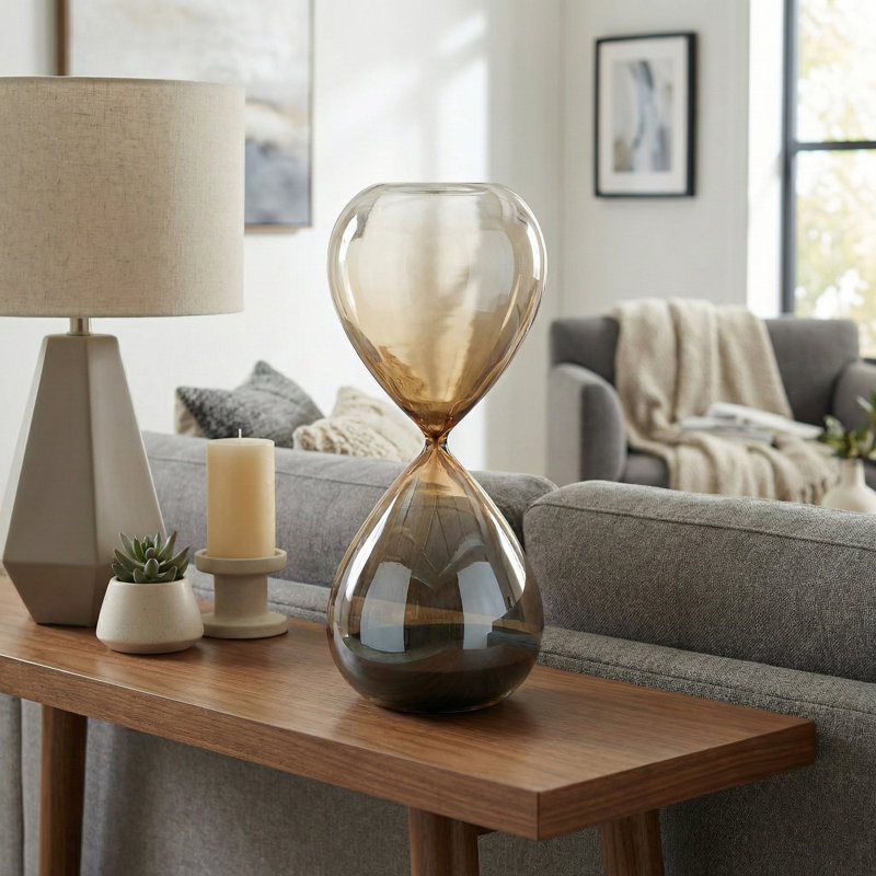 Decorative Smoked Hourglass Sculpture for Office Decor - Modern Glass Object Accent for Bedroom Styling or Living Room Tabletop Decoration - Orange