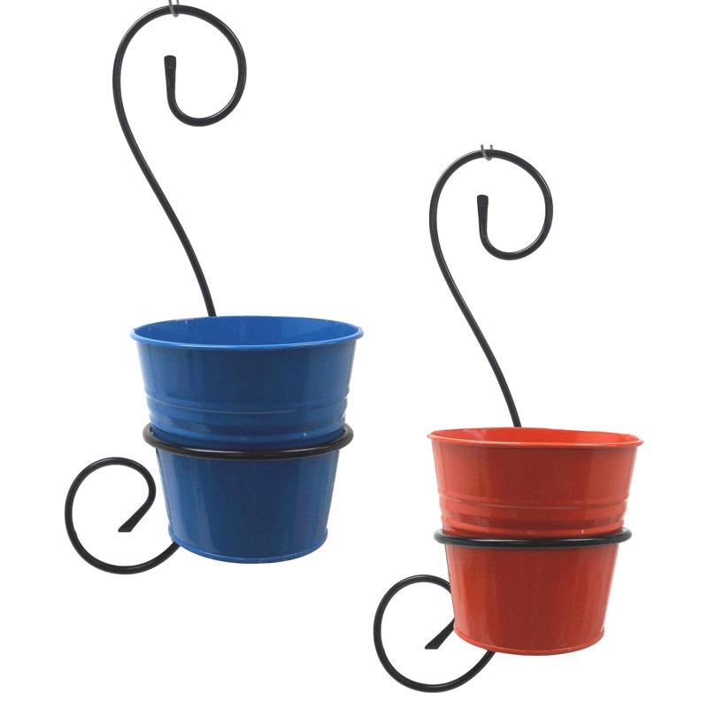 Pot de fleurs mural galvanisé galvanisé S/2, Bleu / Mandarine
