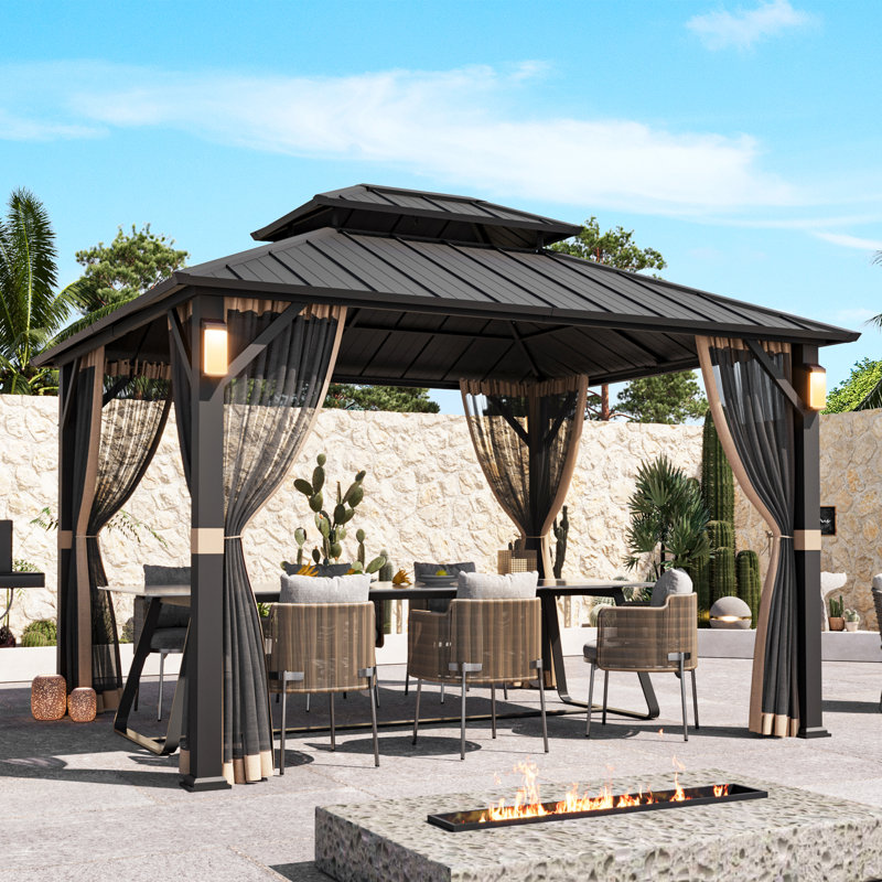 Hamilton 10' x12' Steel Hardtop Double Roof Pavilion Gazebo With Mosquito Netting And Roof Hook, Black