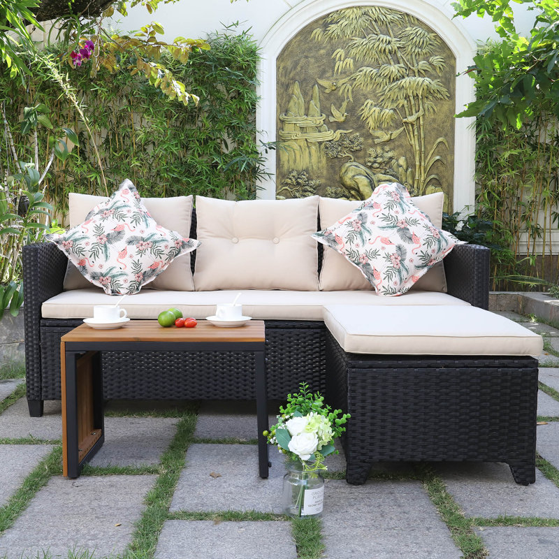 Outdoor Wicker Patio Conversation Furniture Set With Acacia Wood Coffee Table