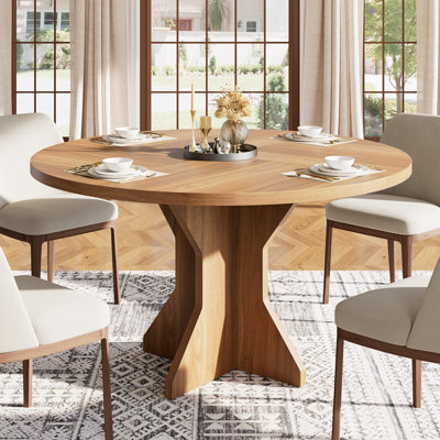 Table de salle à manger ronde moderne de 47 po peu encombrante pour 4 à 6 personnes - Base de piédestal robuste - Idéale pour un appartement, un salon ou une cuisine - Mobilier de salle à manger contemporain, brun