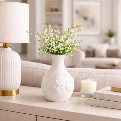 Embossed Paper Mache Table Vase For Living Room Decor - Stylish Tall Flower Vases For Kitchen Counter Or Any Home Decor - Ivory