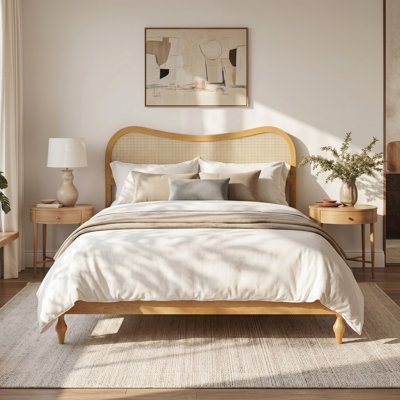 Alinen Mid-Century Modern Platform Bed with Curved Rattan Cane Headboard & Wood Frame
