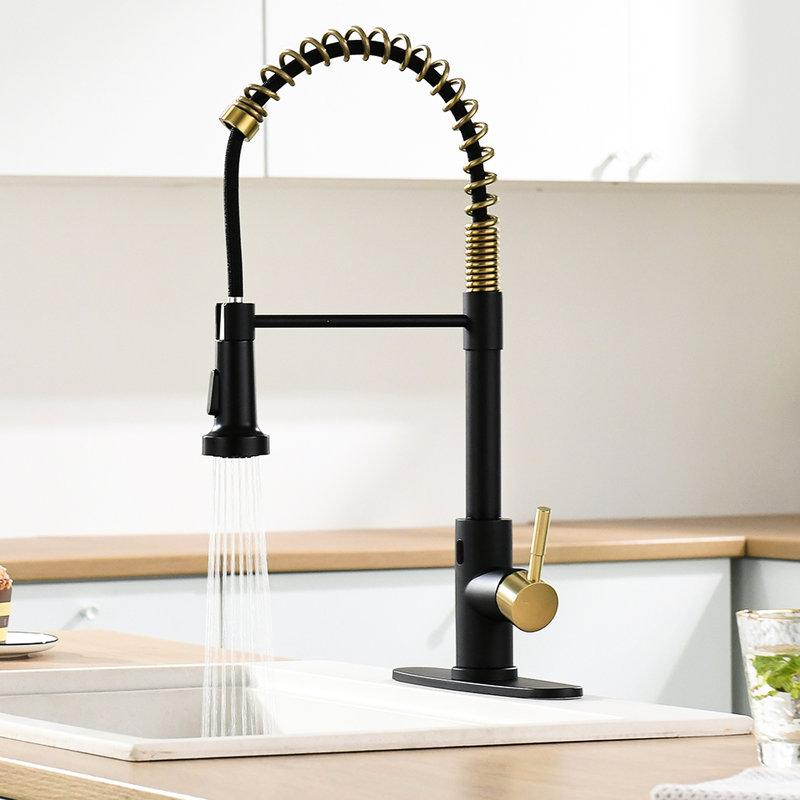 Automatic Smart Hands Kitchen Faucet - Touchless With Pull Down , Black And Gold, Contemporary Design, Stainless Steel, Ceramic Sink Smart, , + Contemporary, Filler