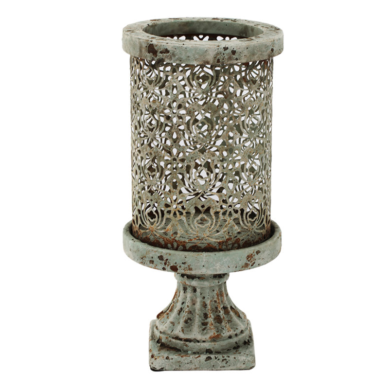 Decorative Candle Holder, Filigree Design, Distressed Gray Cement 12 Inch