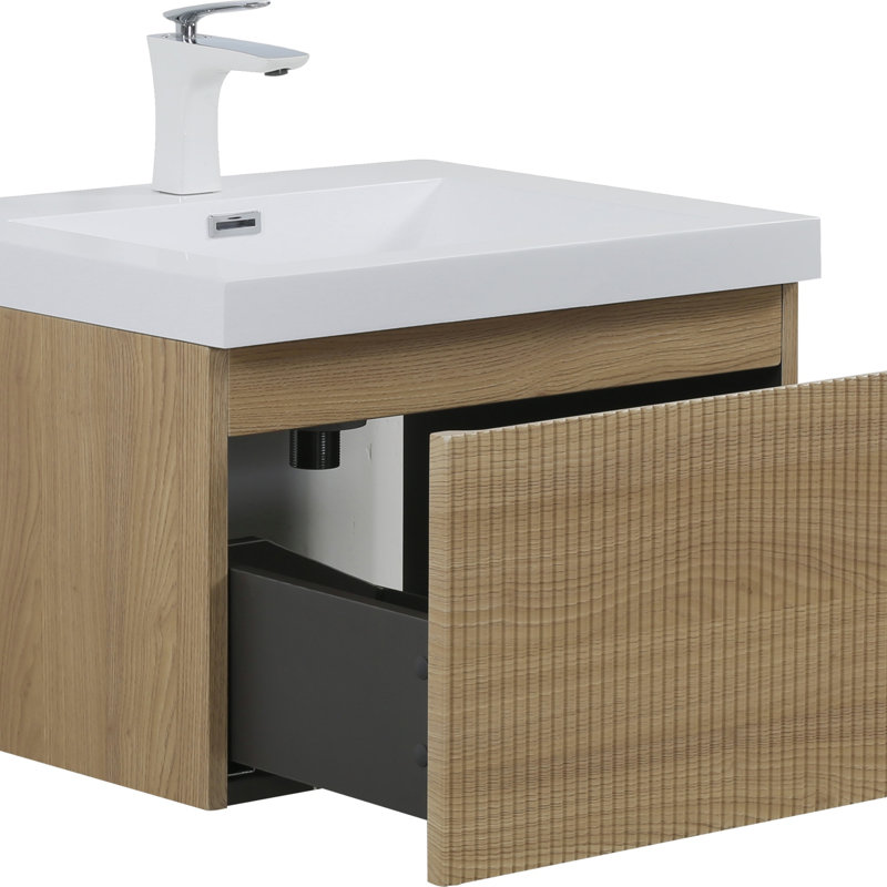 Meuble-lavabo flottant 42 po avec lavabo, meuble de rangement mural rayé, tiroir à fermeture en douceur, lavabo blanc brillant, finition chêne naturel