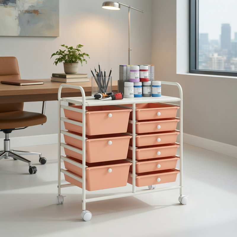  Chariot de rangement roulant à 9 tiroirs avec tiroirs en PP colorés et structure en métal robuste, organisateur compact pour la maison, le bureau, le salon et la salle de classe, pêche