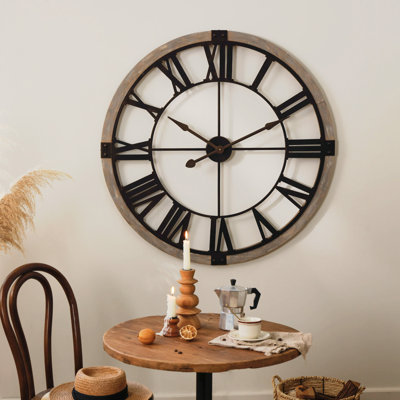 Très grande horloge murale à chiffres romains en métal avec cadre en bois 38,58 "