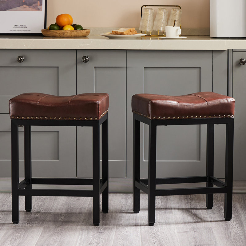 Michille Saddle Upholstered 24.21" Counter Stool, Brown/Black, 2