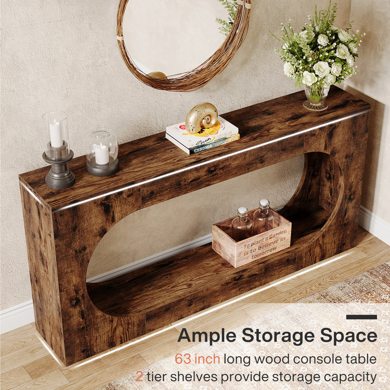63-Inch Rustic Brown Wood Console Table with Storage Shelf