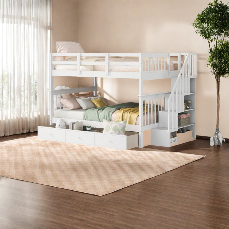 Lit superposé double au-dessus de double, bois massif avec rangement pour la chambre à coucher
