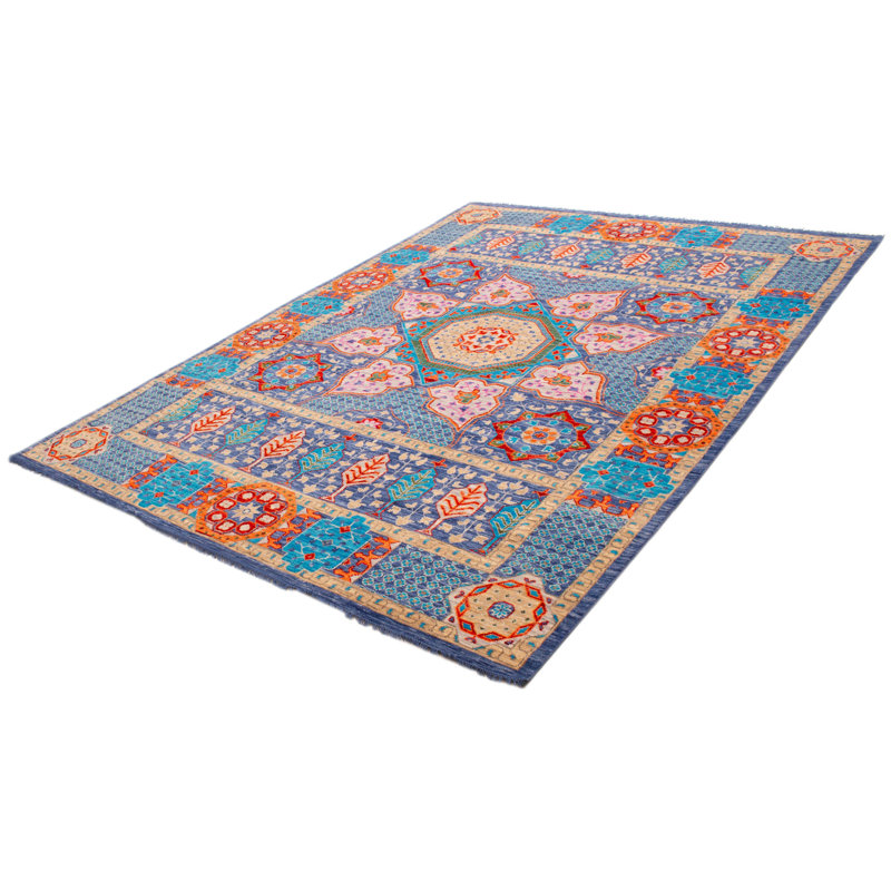 Tapis mamelouk bleu marine noué à la main de conception unique 10 pi 2 po x 14 pi 0 po