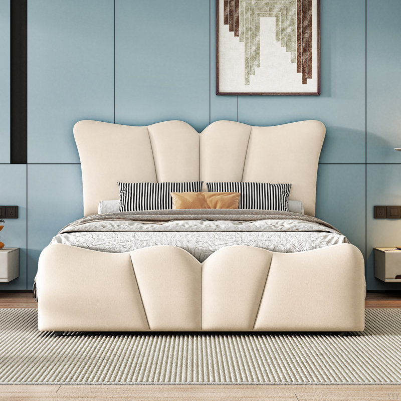 Lit plateforme tapissier en velours, Beige, Lit simple