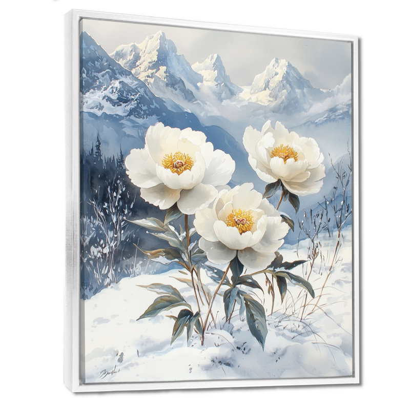 Ghulam neige pivoines dans le paysage d'hiver II - pivoines, art mural, H 44 po x l 34 po, Reproduction avec cadre flottant