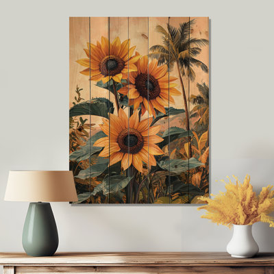 Tropical Sunflowers Field In The South II - Sunflowers Wood Wall Art - On Natural Pine Wood
