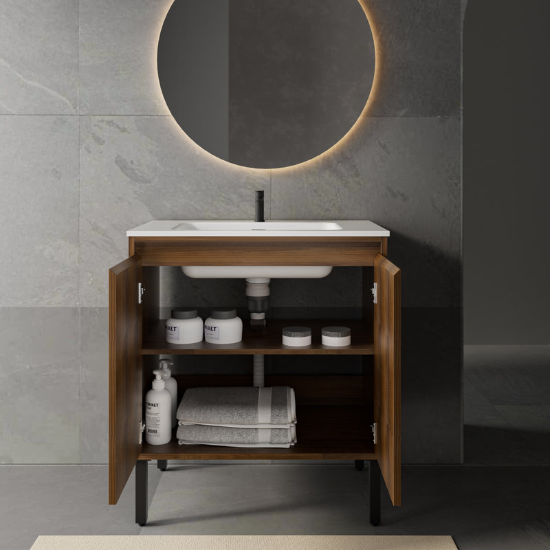 Ensemble de meuble-lavabo simple autoportant avec lavabo en résine à surface solide intégré, portes d'armoire cannelées et pieds en métal