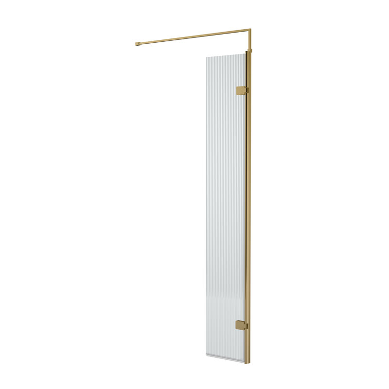 Fluted 322mm W x 1850mm H Hinged Semi-Frameless Wet Room Glass Screens with Pattern Glass, Brushed Brass