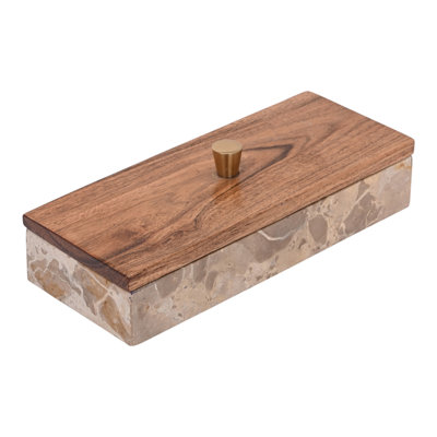 Boîte rectangulaire décorative en bois avec couvercle effet marbre, idéale pour le bureau ou la maison - Rangement raffiné pour le salon - 25 cm, gris et brun