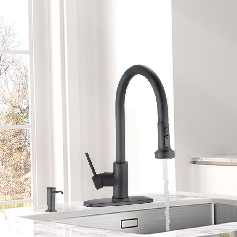 Robinet de cuisine rétractable à poignée simple avec distributeur de savon, Noir mat