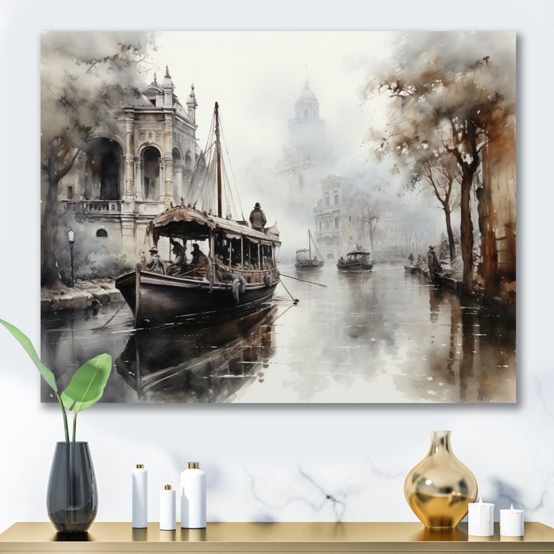 Canal Canal - Encre monochrome de passage, Toile tendue, H 30 po x l 40 po x P 1,5 po