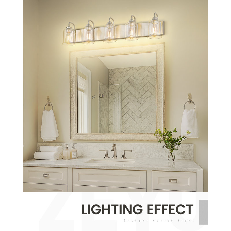 Dimmable Modern Vanity Light With Clear Glass Shade, Brushed Nickel Finish, 5