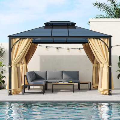 Pavillon de jardin d'extérieur à toit rigide 10 pi x 12 pi avec structure en aluminium, double toit et parois latérales pour patio, jardin, cour arrière