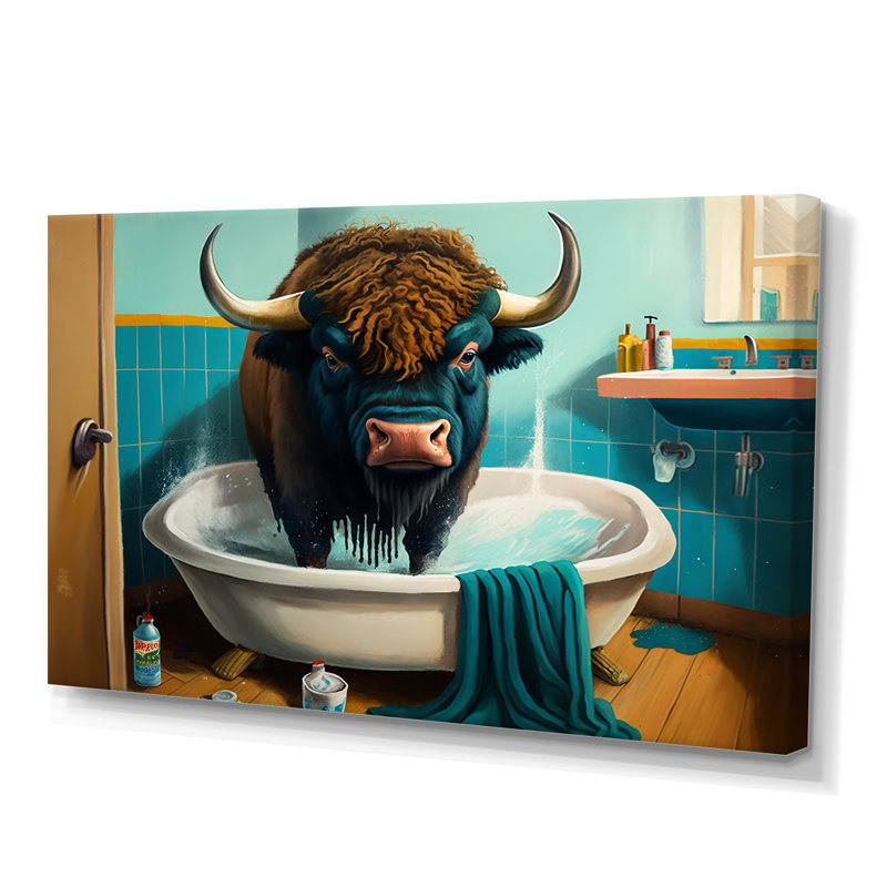Caricature de bison faisant un gâchis dans la baignoire - reproduction sur toile tendue