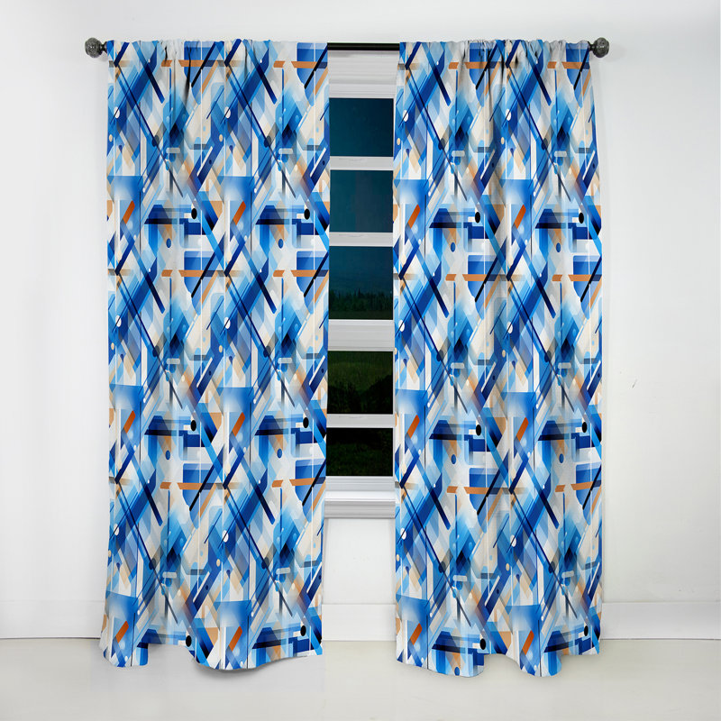 Rideau occultant géométrique bleu cobalt et blanc II - 1 panneau, L 52 po x L 63 po