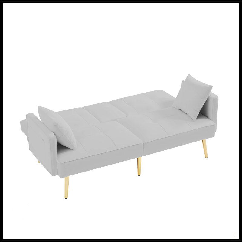 Canapé-lit en velours futon avec pieds en métal doré, Gris