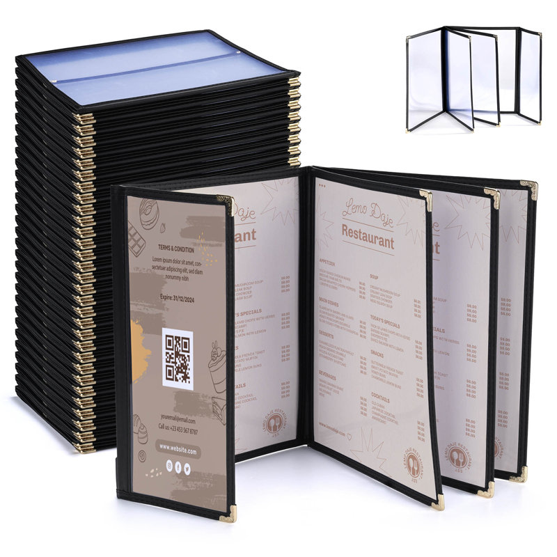 Paquet de 30 couvercles de menu de restaurant WeChef 8,5 x 14 po 4 pages 8 et 4,25 x 14 po, H 0,4 po x l 9,7 po x P 14,8 po