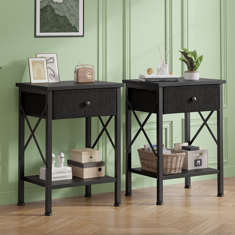 Set Of 2 Fabric Drawer Nightstand With Open Shelf, Small Bedside Table For Bedroom, Living Room Or Dorm, Black