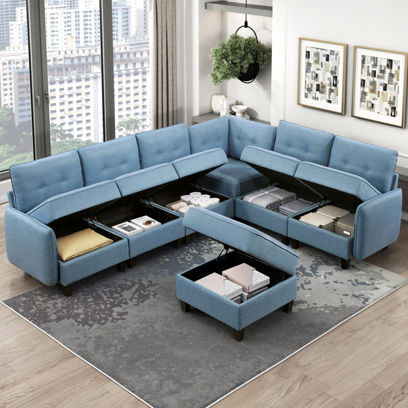 Chaise de salon modulaire 1 pièce en bois massif capitonné bleu