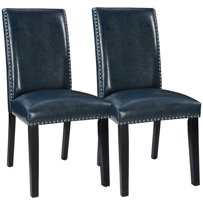 LUMERA Collection Upholstered Parsons Dining Chair with Nailhead Trim, High Back Faux Leather Side Chair, Blue, Blue