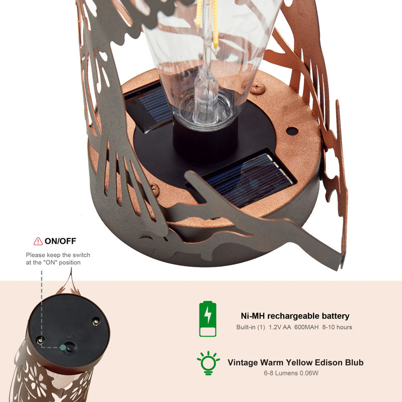 9.75'' Black and Gold Metal Hummingbird Solar Lantern