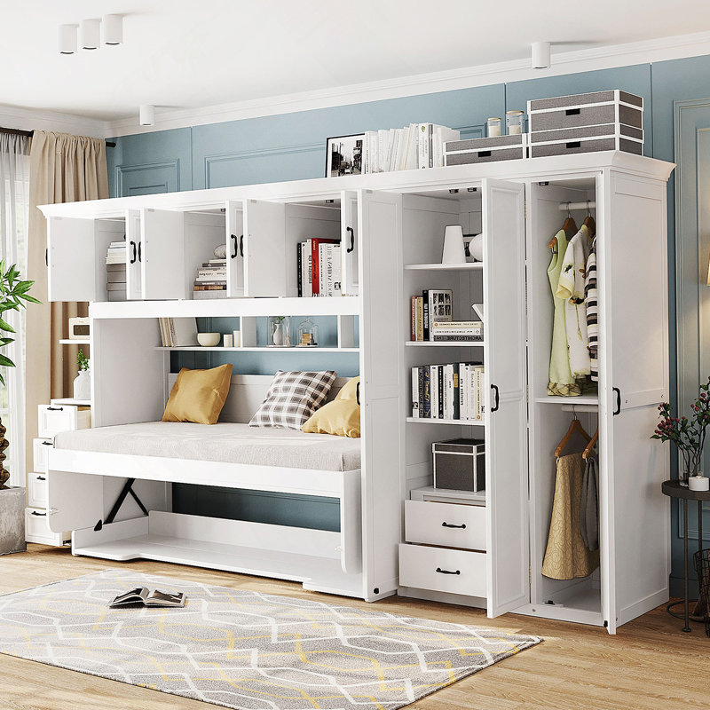 Lit escamotable simple avec armoire, bureau et bureau, blanc, Blanc