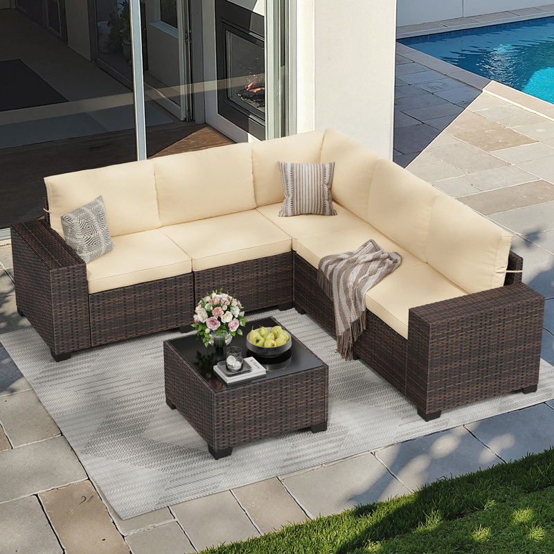 Ensemble de canapé modulaire d'extérieur 6 pièces avec accoudoirs larges, Beige