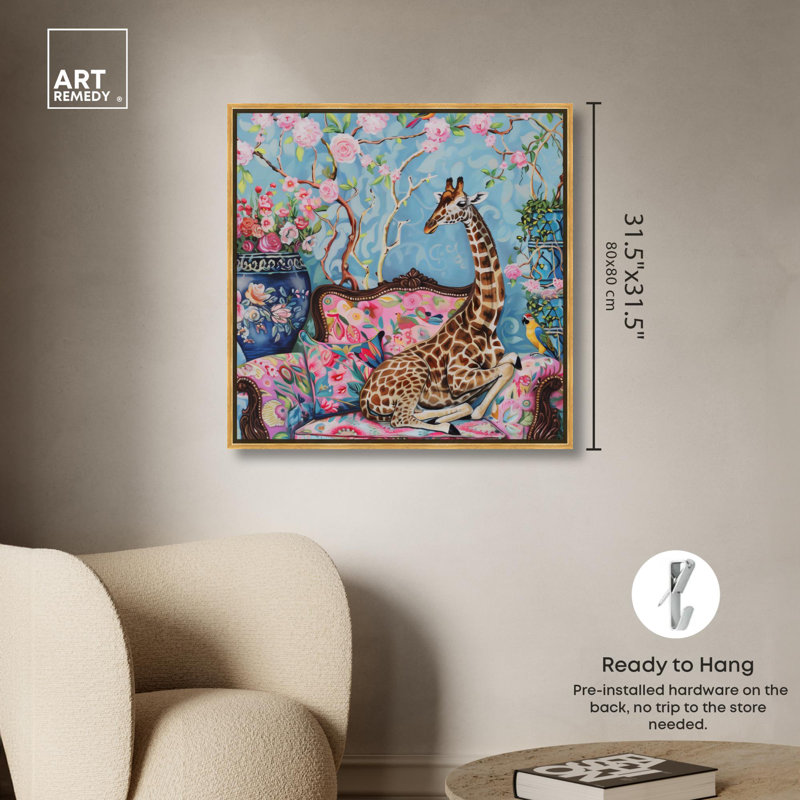 «Lounging Giraffe Canvas» par Art Remedy, Cadre doré, H 31 po x l 31 po