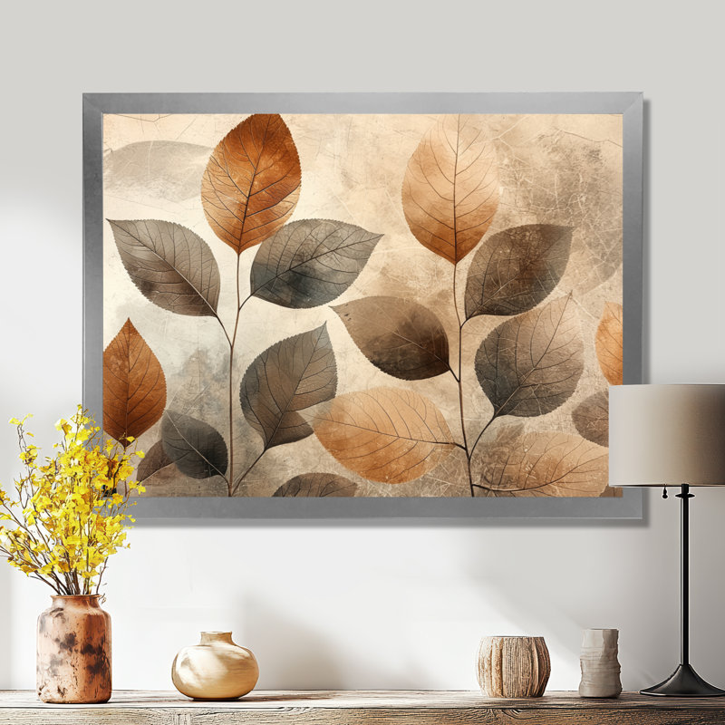 Taupe, feuilles, mosaïque, collage III - feuilles, art mural, H 12 po x l 20 po, Argent argent