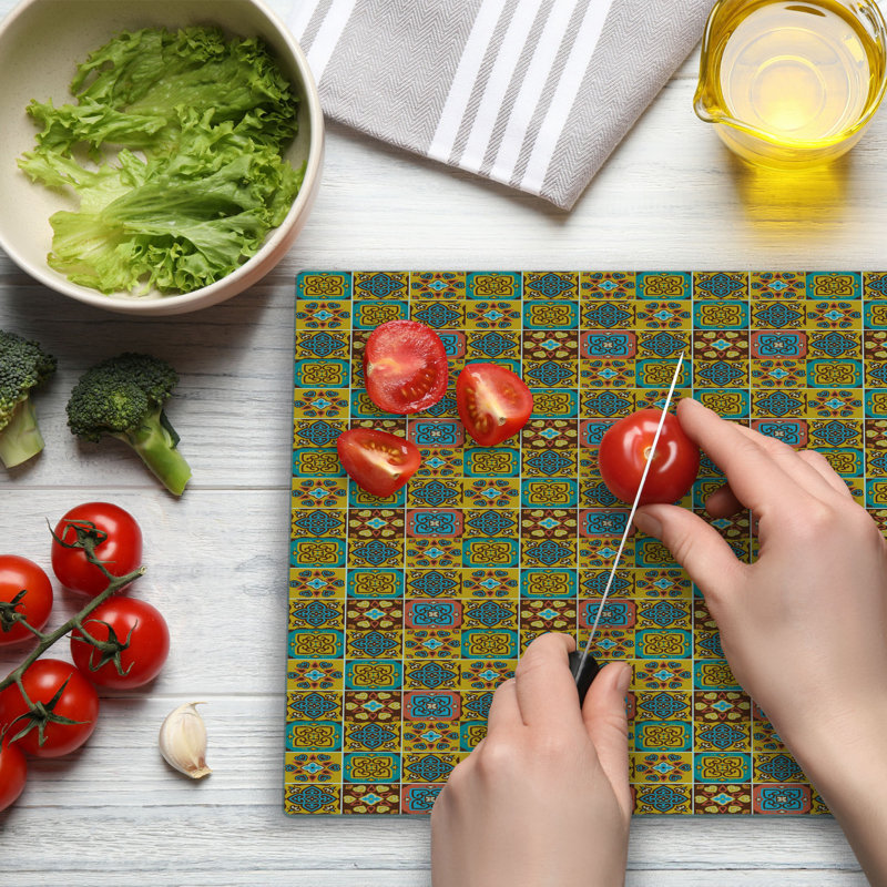 Ambesonne Traditional Cutting Board Large Size Azulejo Tile Mosaic Multicolor