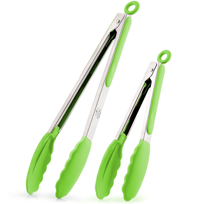 Zulay Kitchen Tongs For Cooking - 2 Pack 9" & 12" Stainless Steel Silicone Tong Set, Light Green