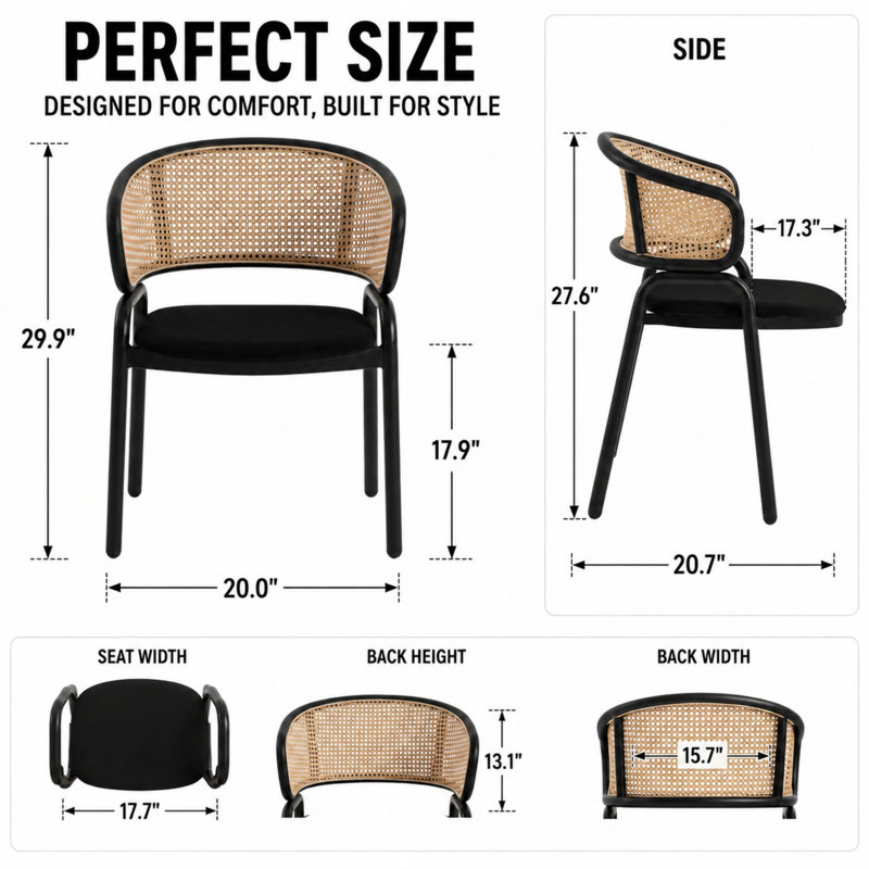 Mid-Century Modern Velvet Dining Chair with Cane Rattan Back, Luxury Boho Accent Chair with Stainless Steel Legs for Kitchen & Bistro