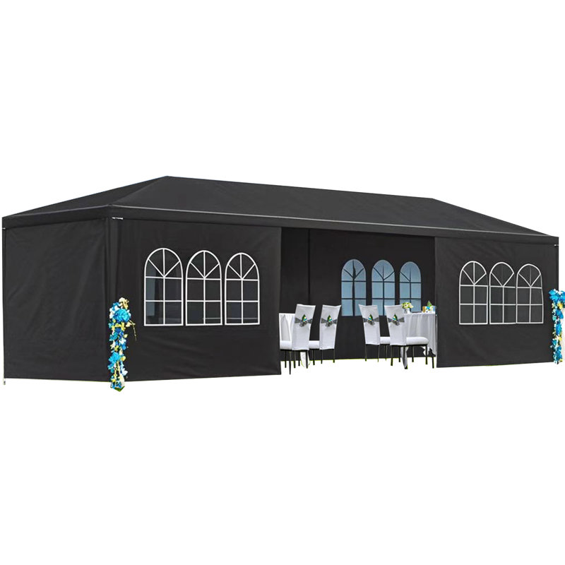10 pi. L 30 pi. D pavillon de jardin en acier avec 8 parois latérales amovibles, tente de fête de mariage imperméable, noir