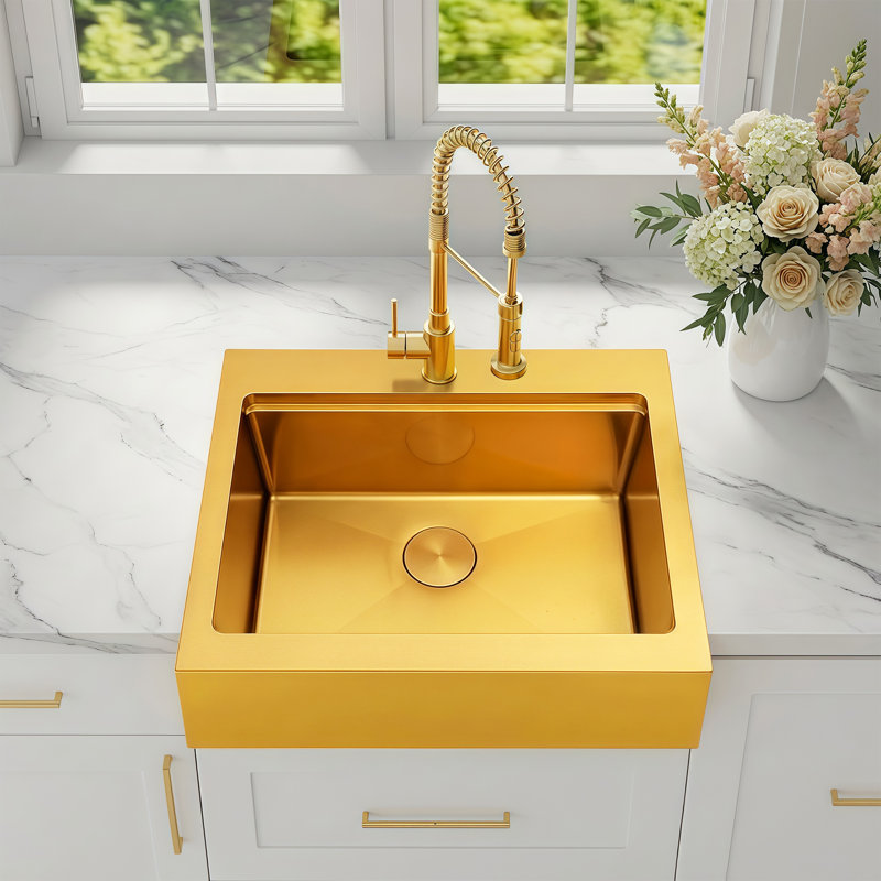   30" L x 22" W Workstation Gold Farmhouse Apron Front Kitchen Sink 16 Gauge Stainless Steel Single Bowl With Accessories