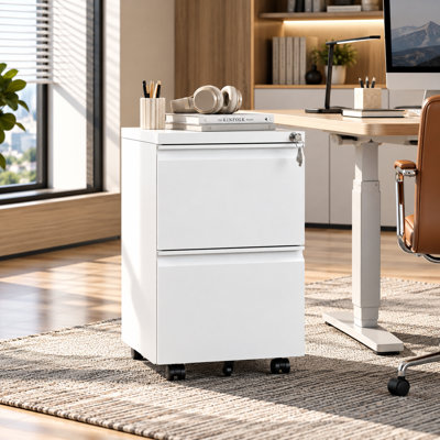 Bizoe White 14.69" W 2-Drawer Locking Metal Mobile Vertical File Cabinet with Interlock and Full-Extension Drawers