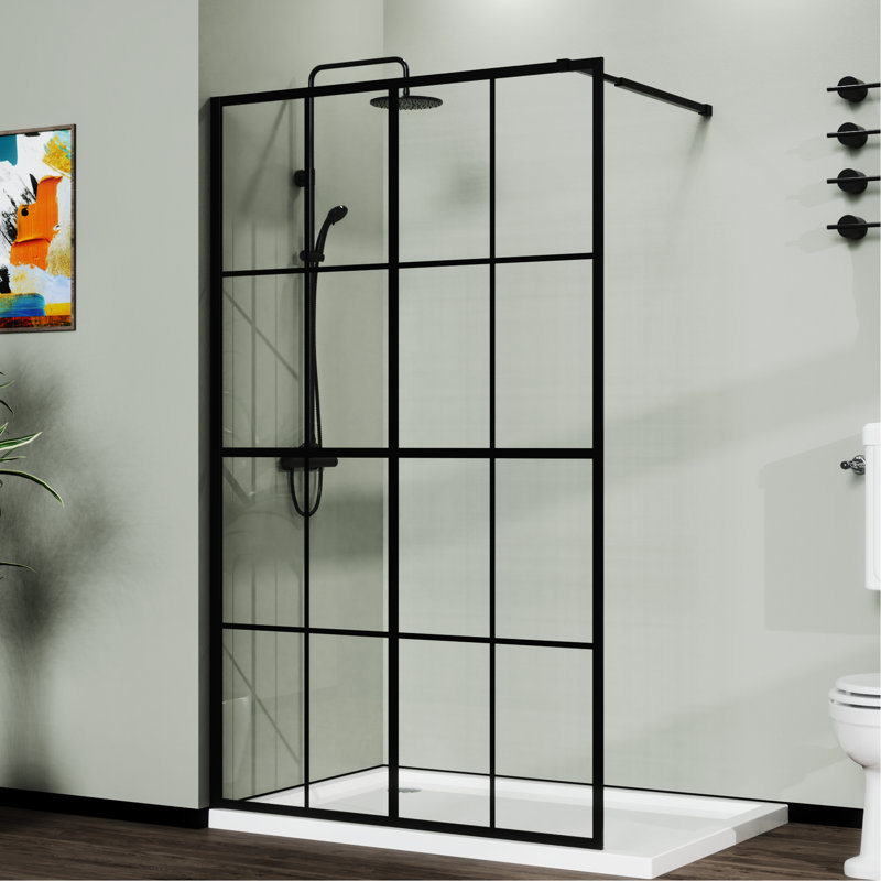 Écran de douche à porte de 46 po x 72 po Walk-In - noir, verre trempé, cadre de support pour 4 verres latéraux