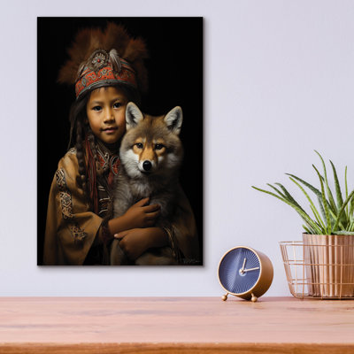 Art mural en verre épique «Native American Child With Wolf Cub 2» par Momart