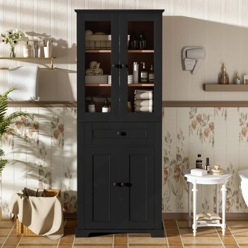 67.57" Tall Modern Bathroom Storage Cabinet with Tempered Glass Doors, Drawer & Adjustable Shelves, Freestanding Linen Tower with Soft-Close Doors